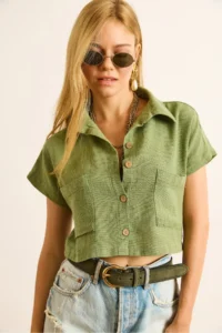 Olalook Women's Khaki Single Pocket Etamine Crop Shirt