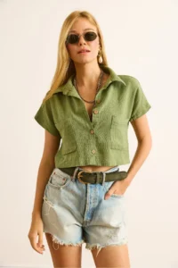 Olalook Women's Khaki Single Pocket Etamine Crop Shirt - Image 2