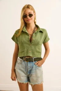 Olalook Women's Khaki Single Pocket Etamine Crop Shirt - Image 3