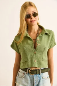 Olalook Women's Khaki Single Pocket Etamine Crop Shirt - Image 4