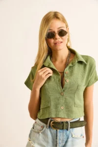 Olalook Women's Khaki Single Pocket Etamine Crop Shirt - Image 5