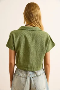Olalook Women's Khaki Single Pocket Etamine Crop Shirt - Image 6