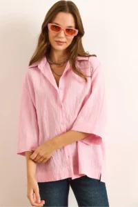 Olalook Women's Candy Pink Three Quarter Sleeve Back Pleated Textured Shirt - Image 2