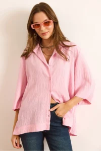 Olalook Women's Candy Pink Three Quarter Sleeve Back Pleated Textured Shirt - Image 3