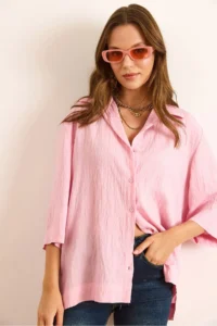 Olalook Women's Candy Pink Three Quarter Sleeve Back Pleated Textured Shirt - Image 4