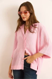 Olalook Women's Candy Pink Three Quarter Sleeve Back Pleated Textured Shirt - Image 5