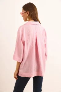 Olalook Women's Candy Pink Three Quarter Sleeve Back Pleated Textured Shirt - Image 7