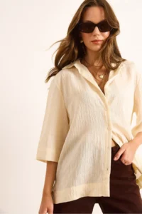 Olalook Women's Ecru Three Quarter Sleeve Back Pleated Textured Shirt - Image 2