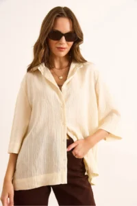 Olalook Women's Ecru Three Quarter Sleeve Back Pleated Textured Shirt - Image 3