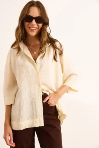 Olalook Women's Ecru Three Quarter Sleeve Back Pleated Textured Shirt - Image 4