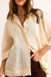 Olalook Women's Ecru Three Quarter Sleeve Back Pleated Textured Shirt - Image 6