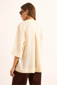 Olalook Women's Ecru Three Quarter Sleeve Back Pleated Textured Shirt - Image 7