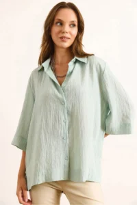 Olalook Women's Mint Green Three Quarter Sleeve Back Pleated Textured Shirt