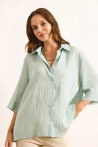 Olalook Women's Mint Green Three Quarter Sleeve Back Pleated Textured Shirt - Image 2