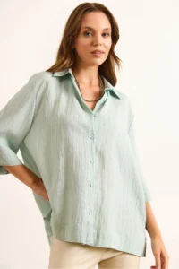 Olalook Women's Mint Green Three Quarter Sleeve Back Pleated Textured Shirt - Image 3