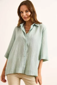 Olalook Women's Mint Green Three Quarter Sleeve Back Pleated Textured Shirt - Image 4