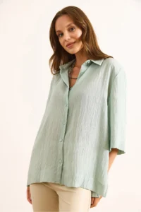Olalook Women's Mint Green Three Quarter Sleeve Back Pleated Textured Shirt - Image 5