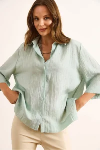 Olalook Women's Mint Green Three Quarter Sleeve Back Pleated Textured Shirt - Image 6