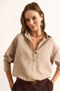 Olalook Women's Stone Modal Textured Draped Oversize Shirt - Image 3