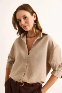 Olalook Women's Stone Modal Textured Draped Oversize Shirt - Image 4