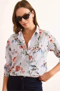 Olalook Women's White Navy Blue Striped Jungle Cotton Shirt
