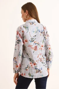 Olalook Women's White Navy Blue Striped Jungle Cotton Shirt - Image 2