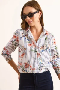 Olalook Women's White Navy Blue Striped Jungle Cotton Shirt - Image 3