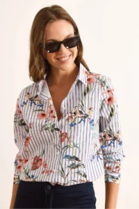 Olalook Women's White Navy Blue Striped Jungle Cotton Shirt - Image 4