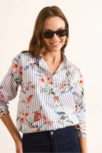 Olalook Women's White Navy Blue Striped Jungle Cotton Shirt - Image 5