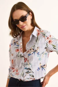 Olalook Women's White Navy Blue Striped Jungle Cotton Shirt - Image 6