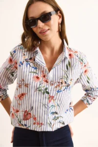 Olalook Women's White Navy Blue Striped Jungle Cotton Shirt - Image 7