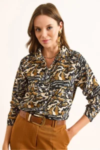 Olalook Women's Ecru Brown Textured Patterned Regular Fit Shirt - Image 3
