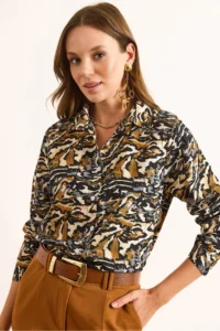 Olalook Women's Ecru Brown Textured Patterned Regular Fit Shirt - Image 5