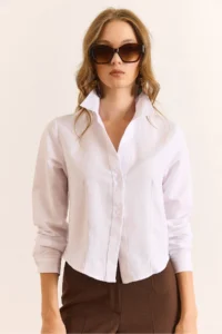 Olalook Women's White 2 Button Darted Waist Crop Shirt - Image 2