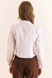 Olalook Women's White 2 Button Darted Waist Crop Shirt - Image 4