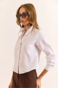 Olalook Women's White 2 Button Darted Waist Crop Shirt - Image 5
