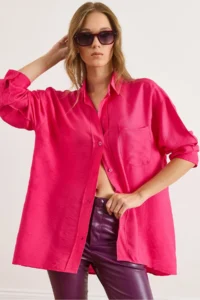 Olalook Women's Fuchsia Pocketed Oversize Javanes Shirt