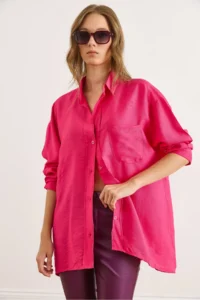 Olalook Women's Fuchsia Pocketed Oversize Javanes Shirt - Image 3