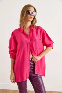Olalook Women's Fuchsia Pocketed Oversize Javanes Shirt - Image 4