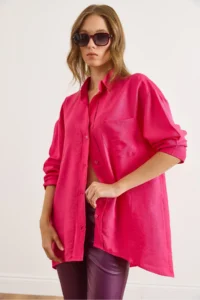Olalook Women's Fuchsia Pocketed Oversize Javanes Shirt - Image 5