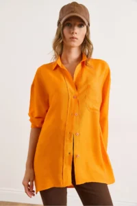 Olalook Women's Orange Pocket Oversize Javanes Shirt