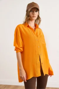 Olalook Women's Orange Pocket Oversize Javanes Shirt - Image 3