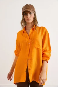 Olalook Women's Orange Pocket Oversize Javanes Shirt - Image 6