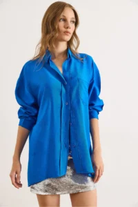 Olalook Women's Saks Blue Pocketed Oversize Javanes Shirt - Image 2