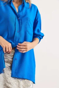 Olalook Women's Saks Blue Pocketed Oversize Javanes Shirt - Image 4