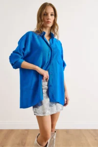 Olalook Women's Saks Blue Pocketed Oversize Javanes Shirt - Image 5