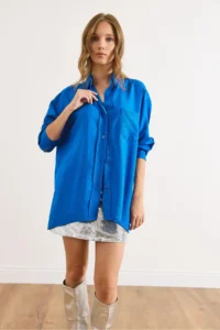Olalook Women's Saks Blue Pocketed Oversize Javanes Shirt - Image 6