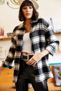 Olalook Women's Black and White Thick Plaid Lumberjack Shirt with Pockets - Image 2