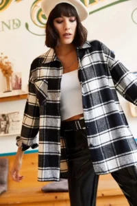 Olalook Women's Black and White Thick Plaid Lumberjack Shirt with Pockets - Image 3