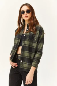 Olalook Women's Khaki Black Pocket Thick Plaid Lumberjack Shirt